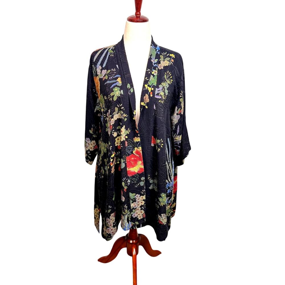 Citron Santa Monica silk blend kimono black multicolor floral print boho lux  L